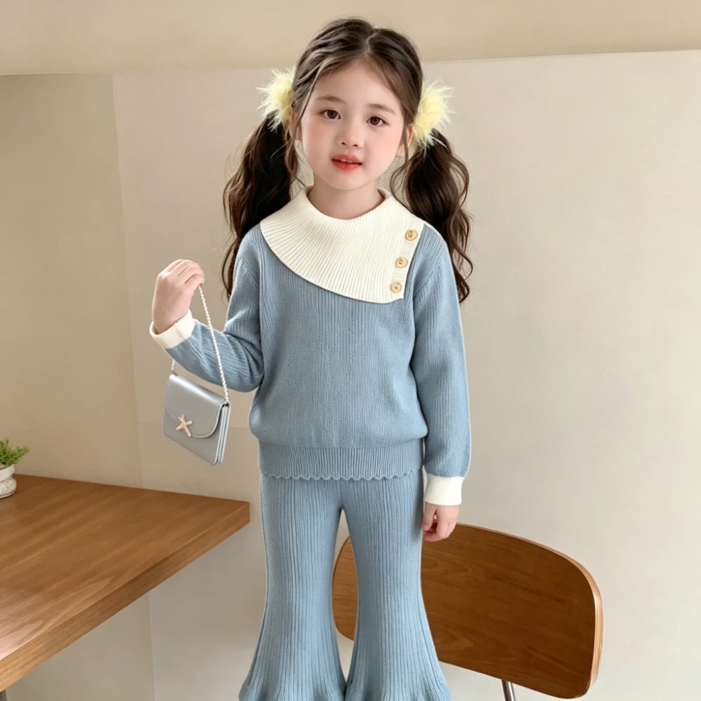 Korean Version Blue Girls Clothes Autumn Fashion Knitted Sweater Children's Sets Color Blocked Lapel Long Sleeved Top + Pants