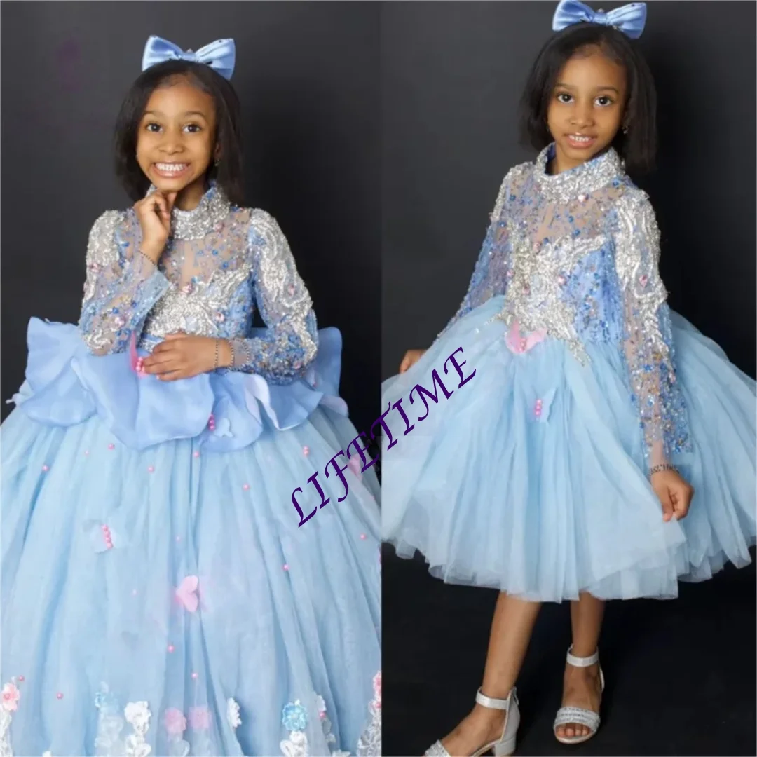Abito di Capodanno a maniche lunghe decorato con farfalla azzurra personalizzata per ragazze, abito adatto per la prima comunione, festa di nozze