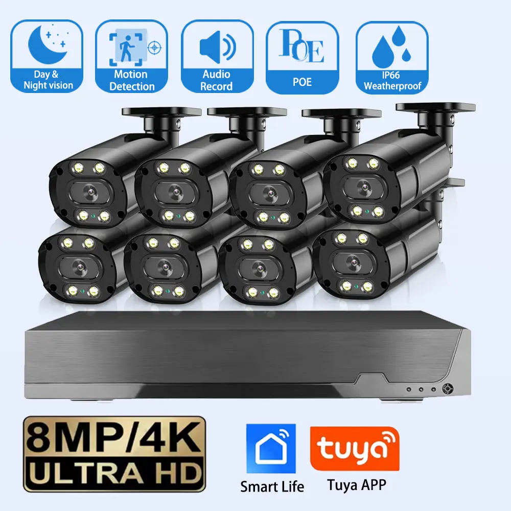 

8CH Kit with 4/8PCS IP Camera POE 8MP 4K Night Vision Audio Record Outdoor Security Remote Access Alarm CCTV System Tuya APP