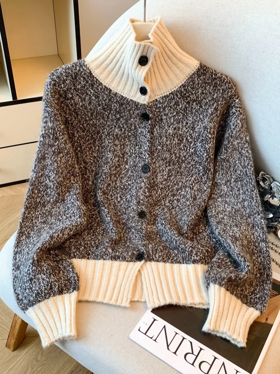 Thiened High Collar Knitted Sweater Coat Women's Autumn Winter Faion Retro Color Blo  Collar Long Sve Knitwear