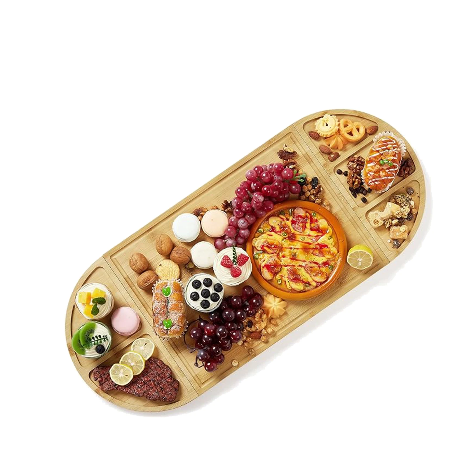 Plateau à fromages magnétique en bambou, grand plateau de service avec 5 compartiments intégrés et rainures profondes pour les jus, plateau à fromages pour la cuisine, les fêtes, les mariages, cadeaux parfaits pour l'inauguration de la maison