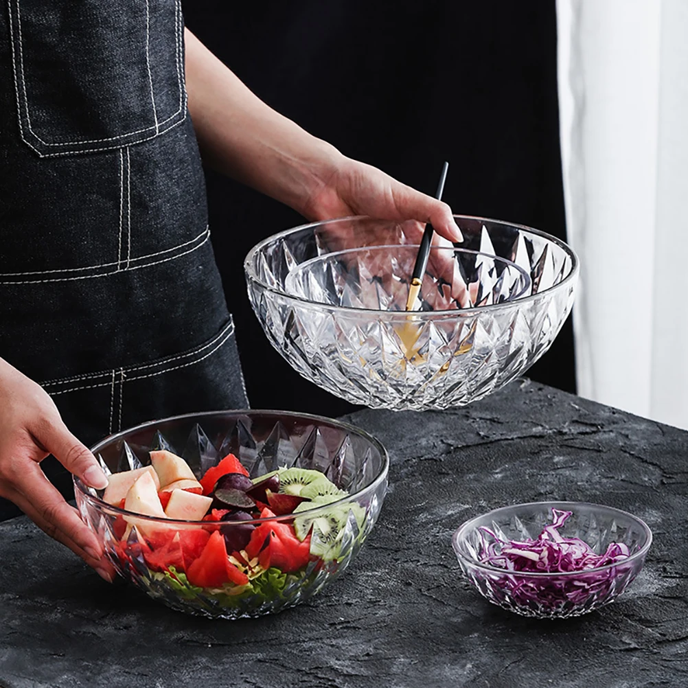 

1pc Crystal Diamond Pattern Glass Salad Bowl Transparent Fruit Vegetable Serving Bowl Creative Food Container For Home Office