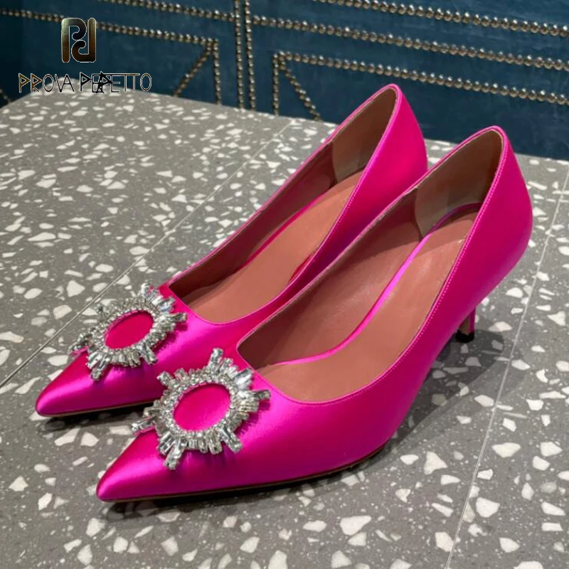 

New Arrival Sunflower Women Wedding Shoes Crystal Pointed Toe Slip on Sapatos Mujer 7cm Heel Silk Satin Real Leather Stiletto