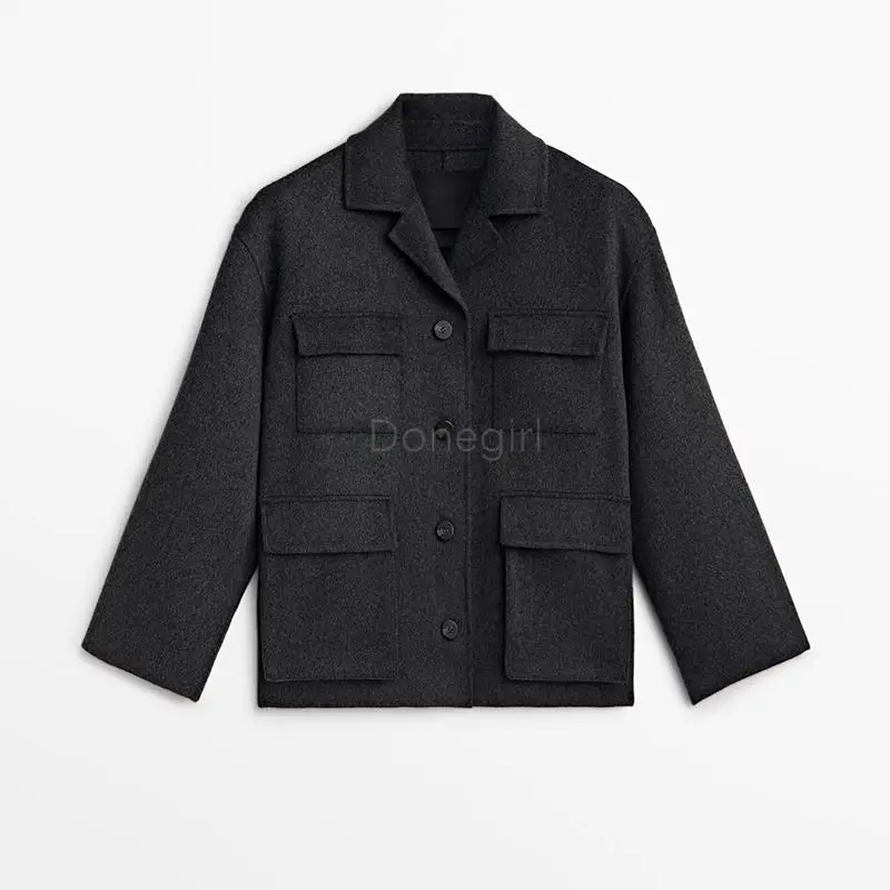 Donegirl 2024 Autumn New Women Lapel Safari Style Short Jacket Coat Solid Simple Pockets Versatile Tops Overcoat Female Chic