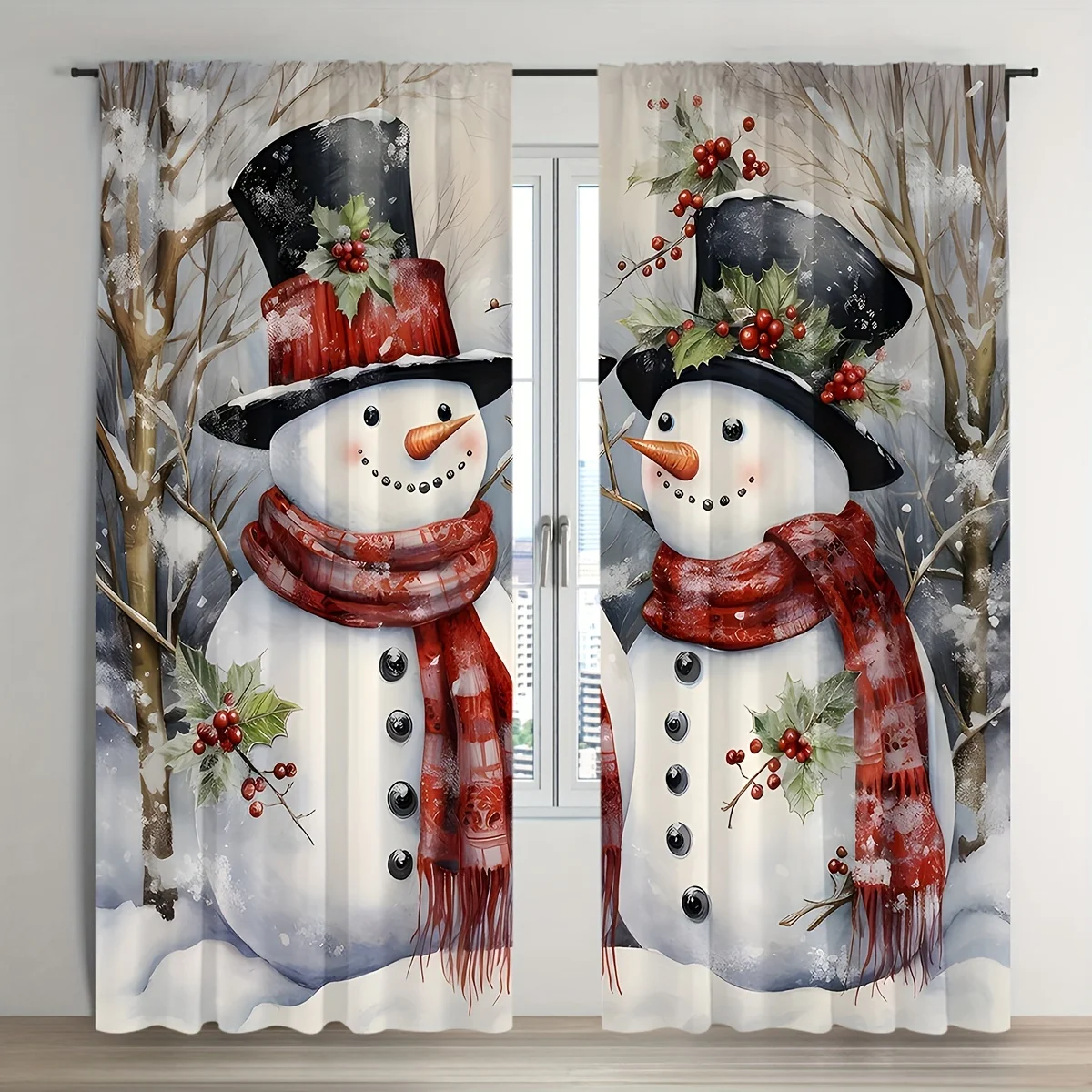 Cute Christmas Gentleman Snowman Rod Pocket Light Filtering Curtains 2 Panel Holiday Drapes for Living Room Bedroom Decor