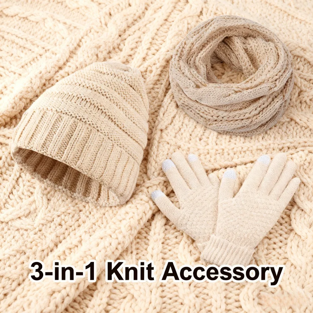 Knitted Three Piece Set Skin Friendly Acrylic Yarn Winter Commuting And Shopping One Size