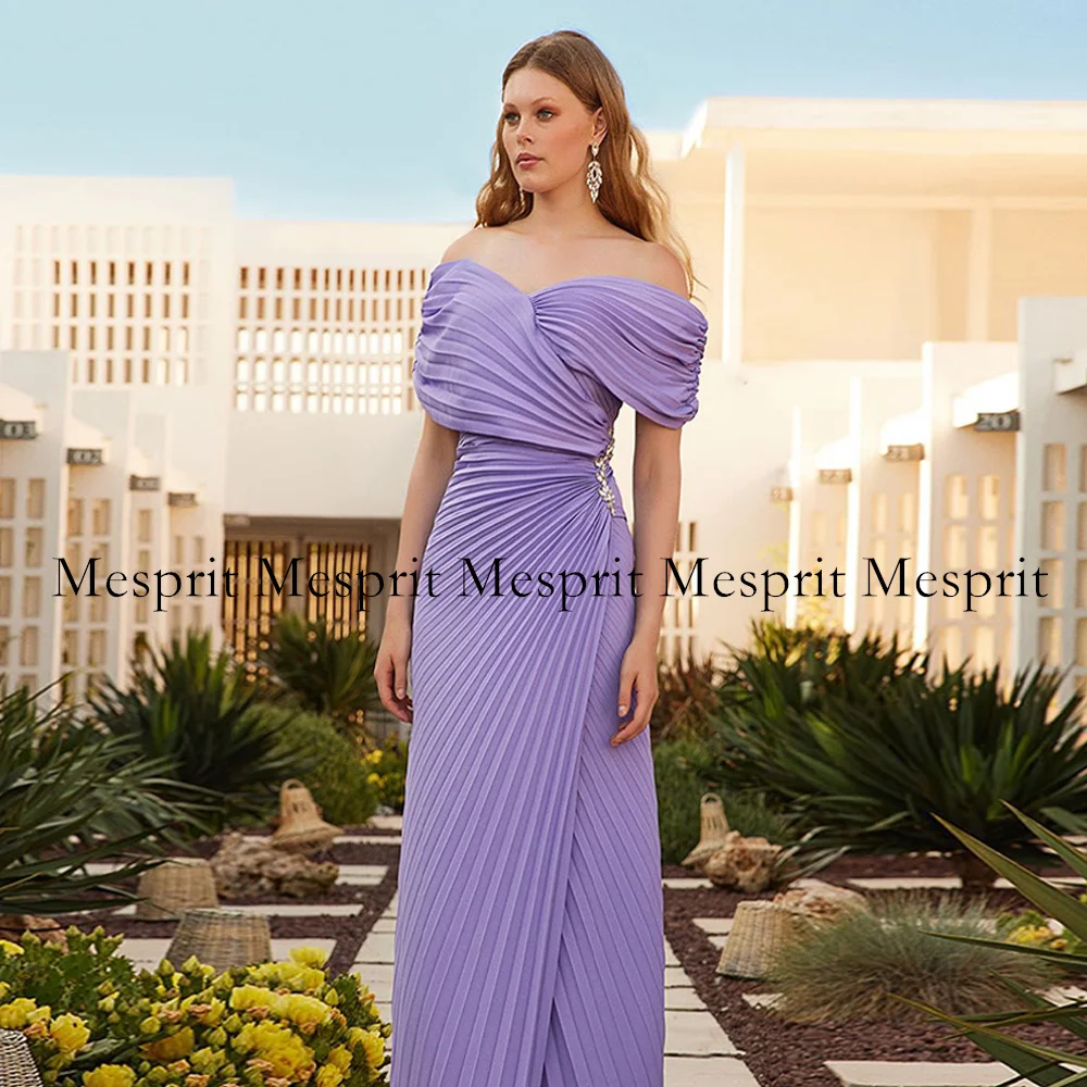 Lavender Evening Dress Sexy V Neck Off The Shoulder Pleat High Slit Straight Floor Length Prom Gown Saudi Formal Dresses