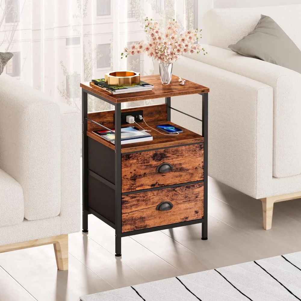 End Table with Charging Station, Nightstand with Fabric Drawers, Side Table with USB Ports & Outlets