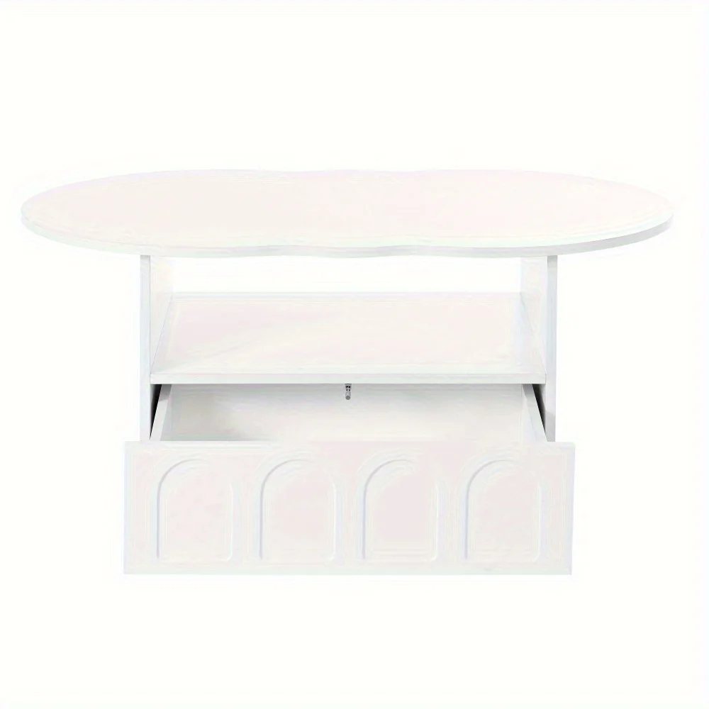 Modern minimalista creme estilo mesa de café, 2 rodas laterais gavetas, mesa central irregular, adequado para sala de estar, branco