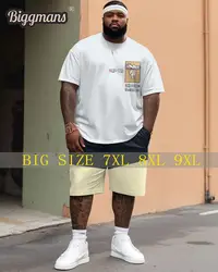 Biggmans L-9Xl T-Shirt Sets for Men's Clothing Simple Colorblock Cartoon Letter Print Large Shorts Big Plus Size Top Suit 8Xl