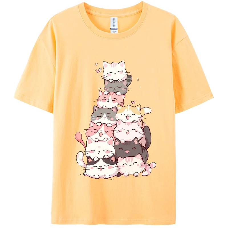 Cute Cat Print TShirt,Y2K, Summer Casual T-shirts, Berserk Women Short T-shirts, Short Sleeve,100%Cotton, Holiday wear,For Girl