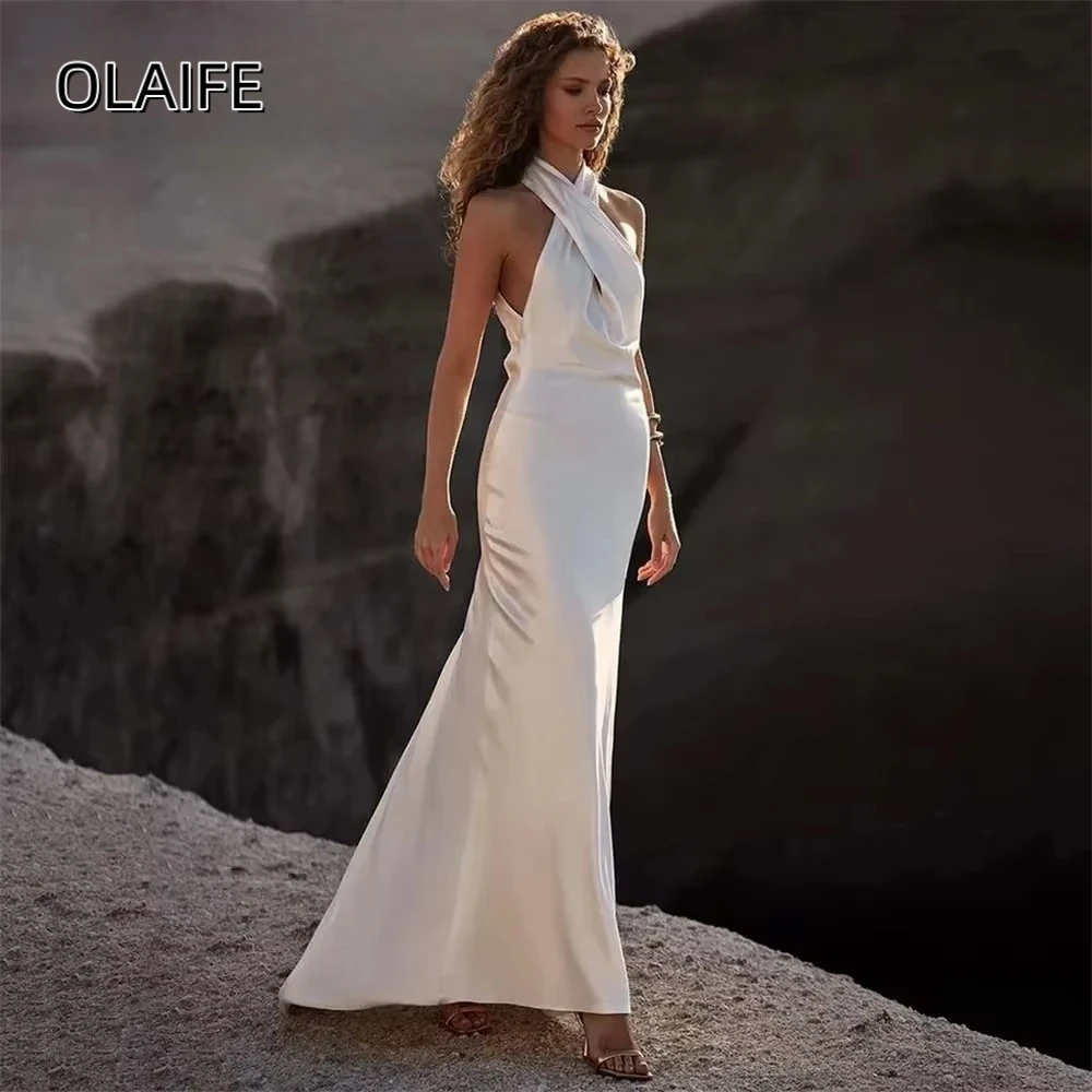 Olaife Elegant Mermaid Wedding Dress Halter Sleeveless Satin Pleat Open Back Button Bridal Gown For Women