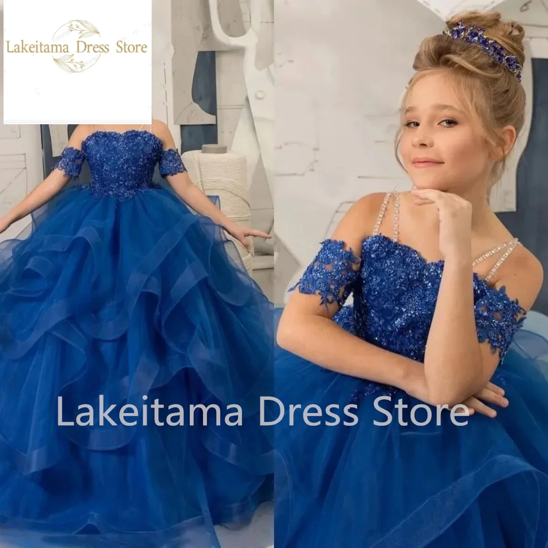 Royal Blue Flower Girl Dress Tulle Puffy Layered Appliques Short Sleeve For Wedding Birthday Party Banquet Princess Gowns