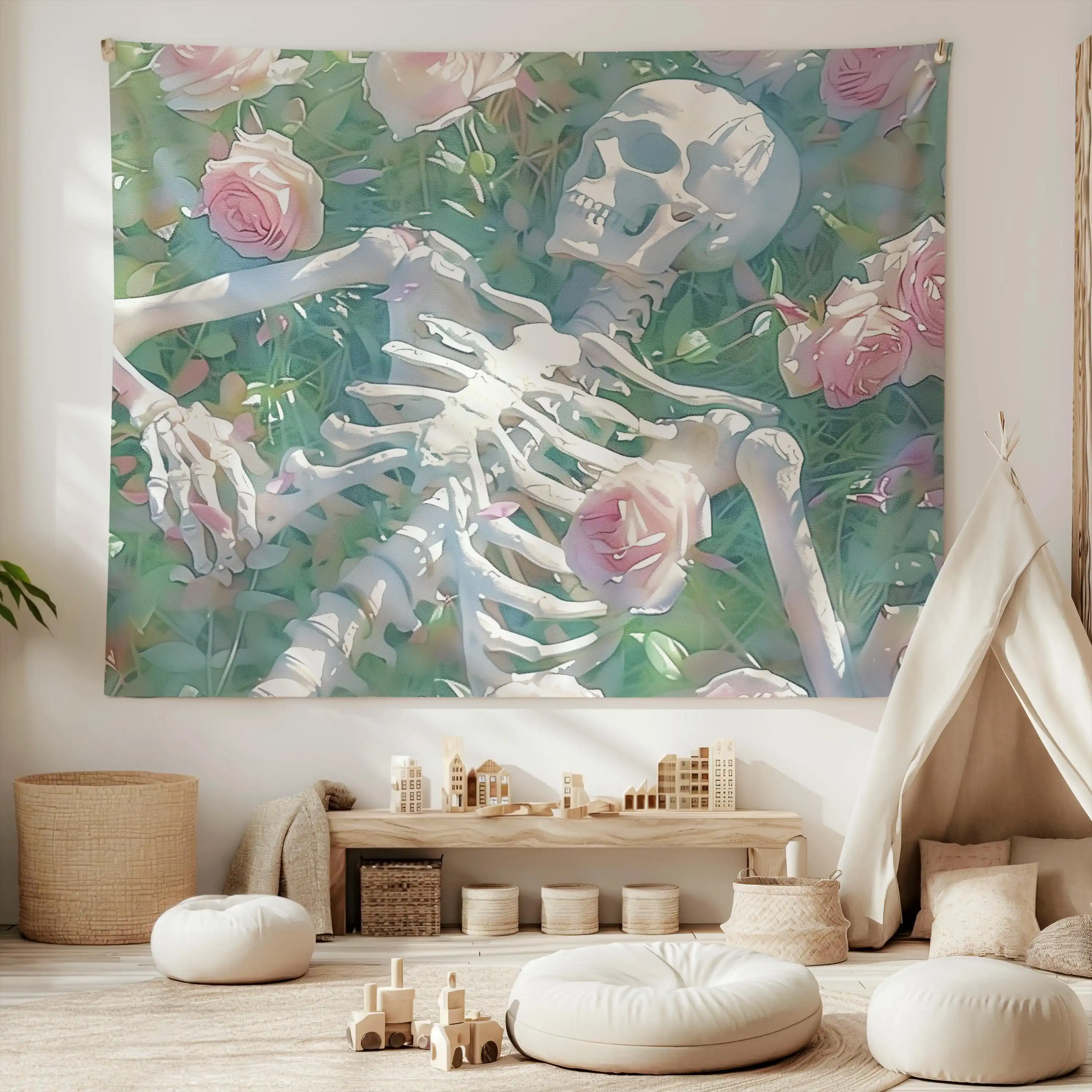 VIKAMA Sweet Cool Style Skeleton Rose Tapestry Background Cloth Living Room Dark Style Decoration Room Decoration