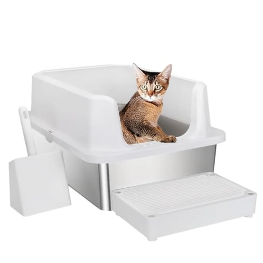 

Stainless Steel Litter Box: Open Top Design with Odor-Resistant Steel and High Walls - Leakproof and Durable Teflon Coating- Id