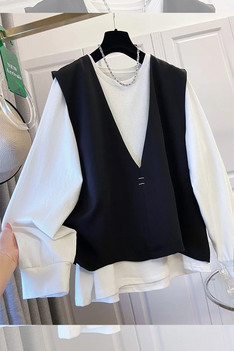 SuperAen Spring New Women's Oversized Pullover White Long-sleeved T-shirt Design Loose-fitting Sleeveless Tops Sets view 6