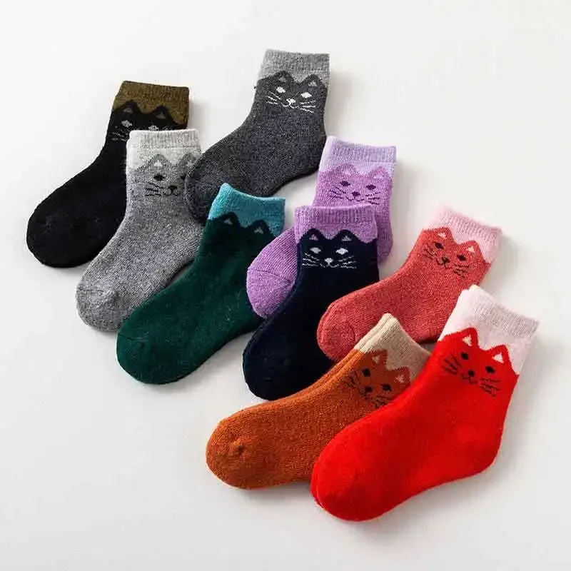 Cute Cat Warm Baby Sock Retro European Style Calf Socks for Kids Boy Girl Autumn Winter Thermal Cotton Sock for 1-12 Year Kid