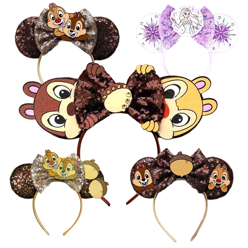 2024 Mickey Mouse Ear Headband Chip and Dale Bow Sequin Hairband Women Hair Hoop Birthday Gift Adult/Child Cosplay Accessories