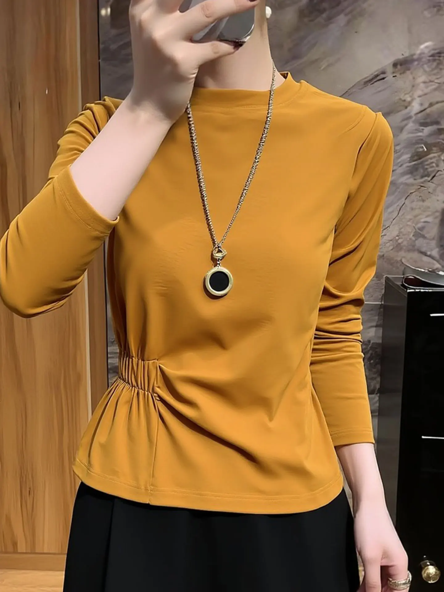 

Faion Slim Fit Long Sve round Ne Color Base irt Spring Design Waist Cinched Top Women's Korean Sle Silk Top