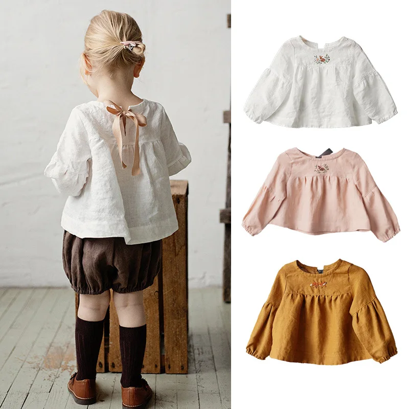 

2023 Summer New Baby Girls Cotton Embroidery T Shirts Kids Lolita Blouse Toddler Girls Breathable Long Sleeved Shirts Tops