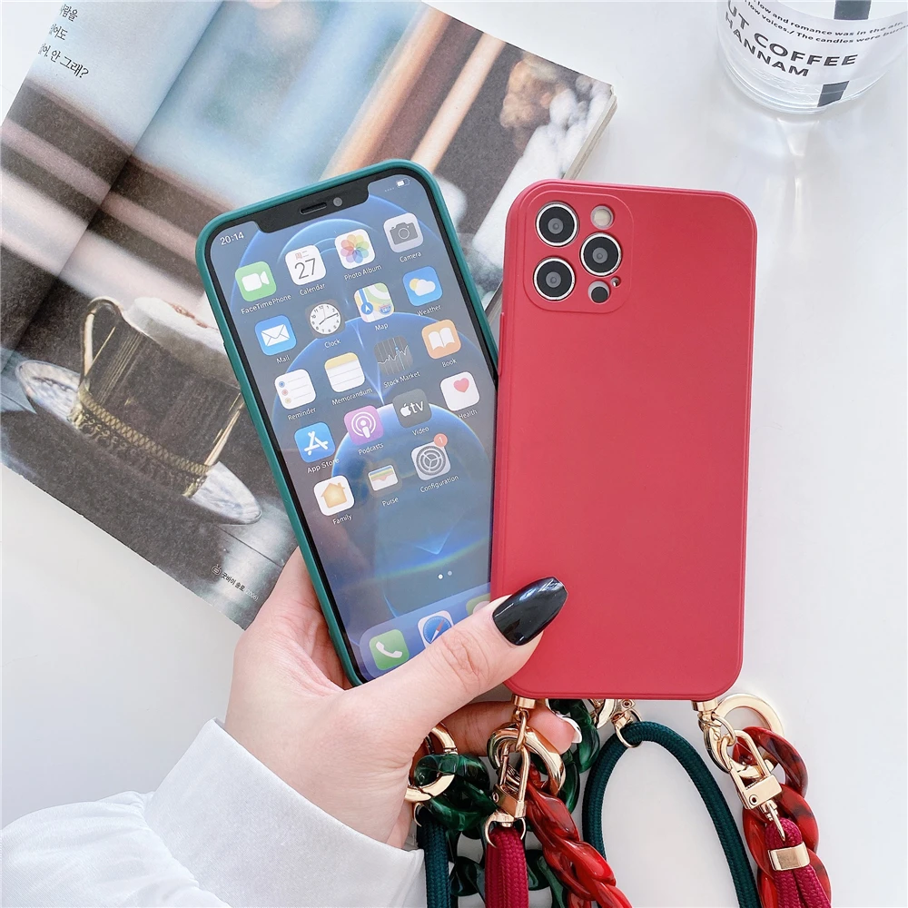 Luxury Marble Chain Liquid Silicone Phone Case For iPhone 15 16 Pro Max 14 13 12 11 XS X 7 8 Plus Crossbody Lanyard Strap Cover