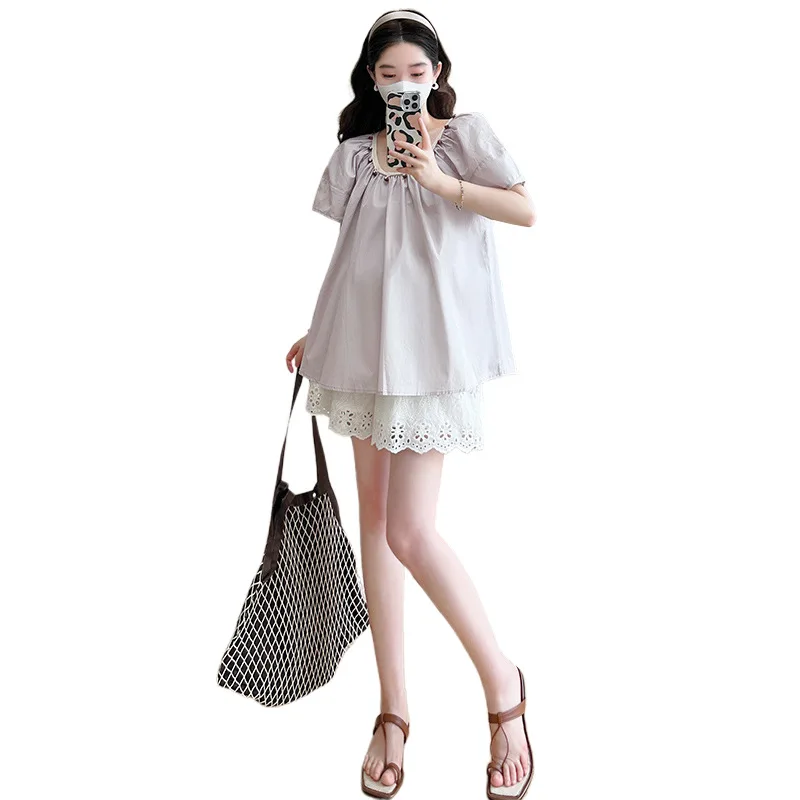 2025 Summer Maternity Set: Chic Blouse+ Shorts - Youthful Two-Piece Pregnancy Outfit with Babydoll Silhouette for Expecting Moms - Image 5