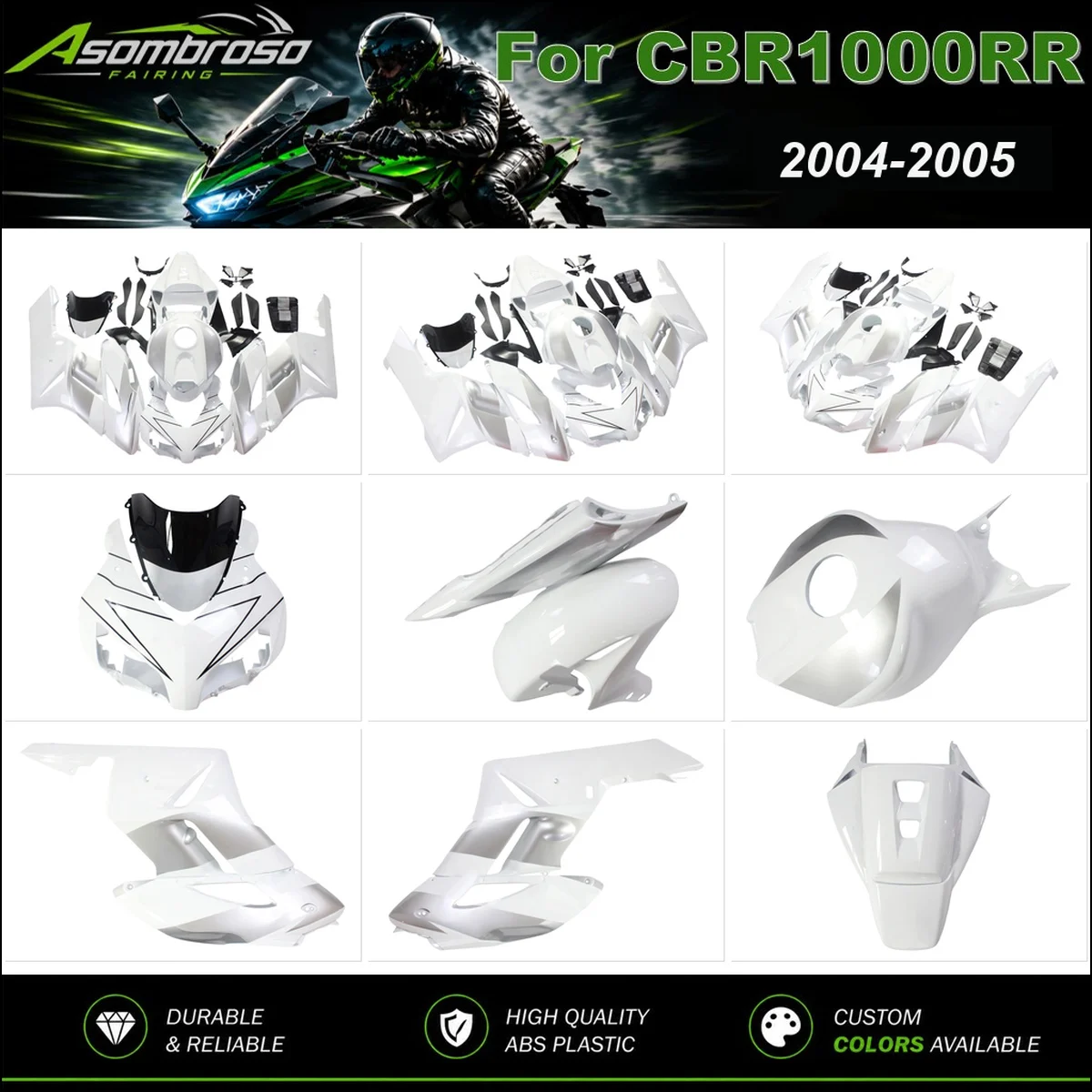 For Honda CBR 1000RR SC57 2004-2005 Racing Fairing Body Work Kit Left Right Side Panels Front Fender Rear Seat Cowl White Silver
