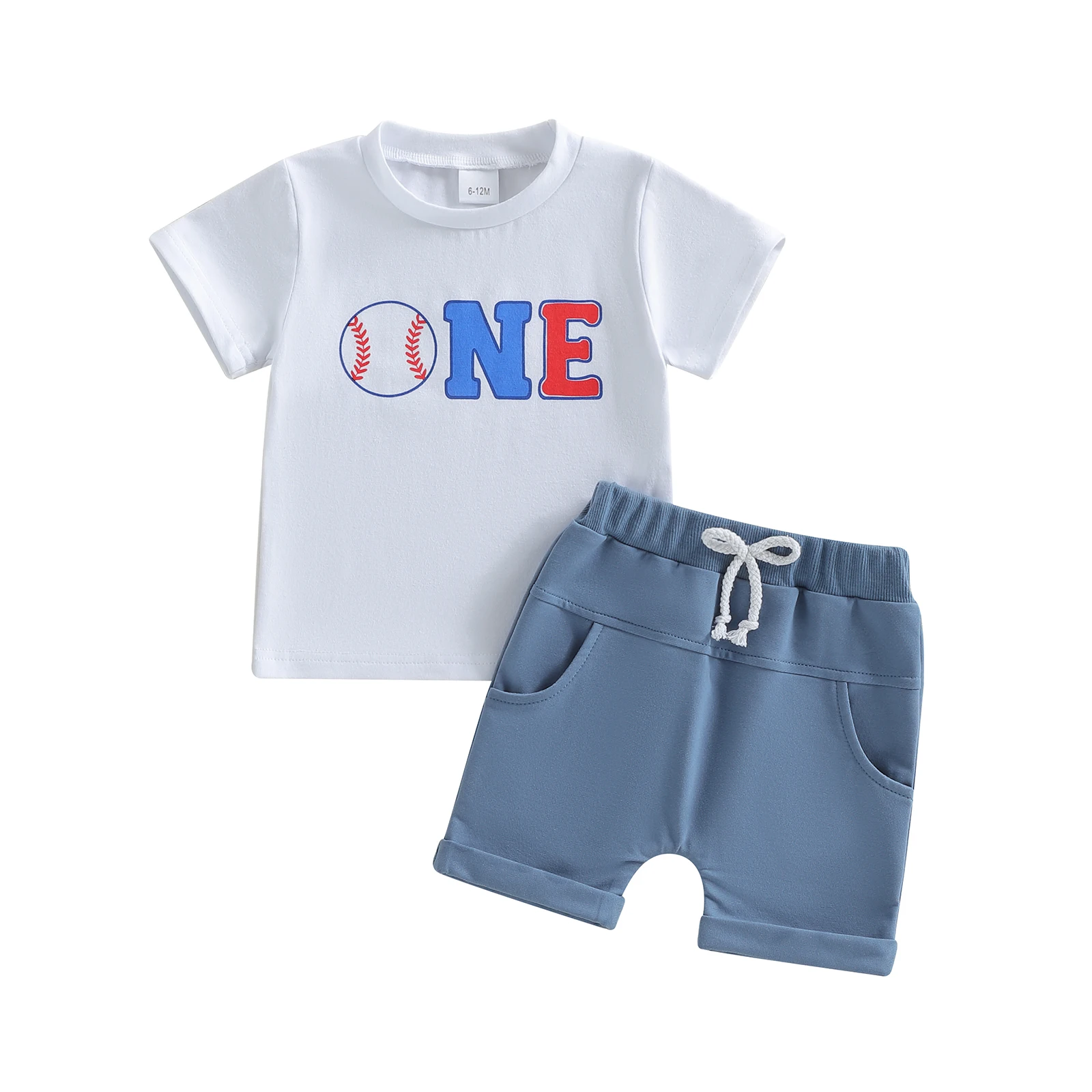 

Boys Birthday 2 Piece Outfits Summer Short Sleeve Round Neck Baseball Letter Pattern Tops and Shorts Set
