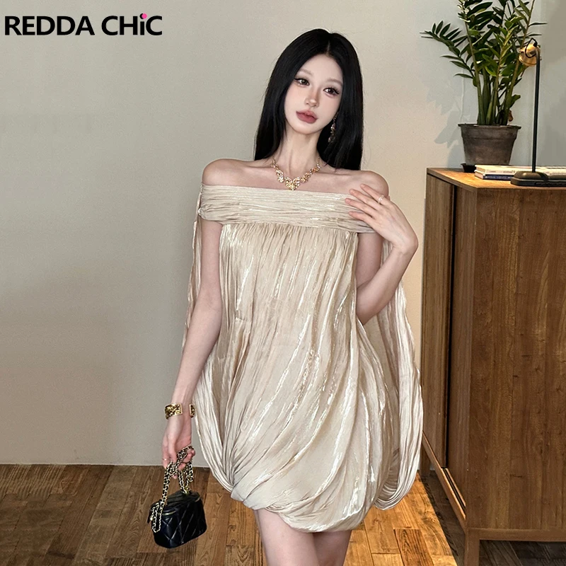 

Элегантное женское мини-платье ReddaChic с открытыми плечами, драпировкой и блеском, цвета шампань, для вечеринок и летних праздников