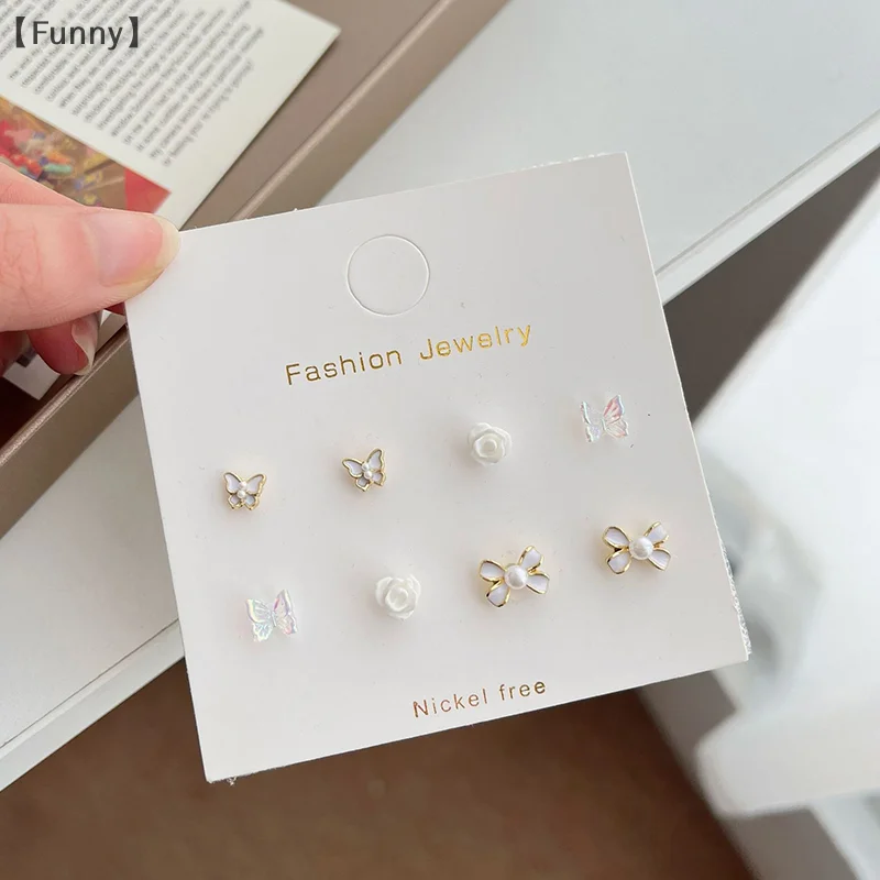 〔Funny〕Pearl Bow Earrings Set Women's Korean Fashion Bow Flower Pearl Earrings Jewelry Simple Variety