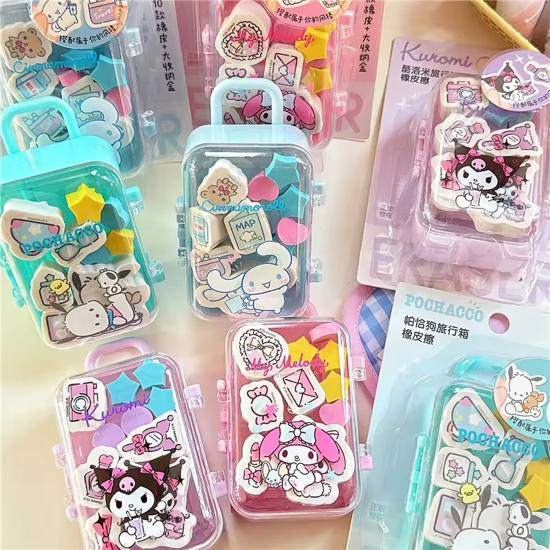 Kawaii Sanrio Kuromi Eraser Cartoon Cinnamoroll My Melody Student Stationery Travel Case Eraser Set Kids Gifts