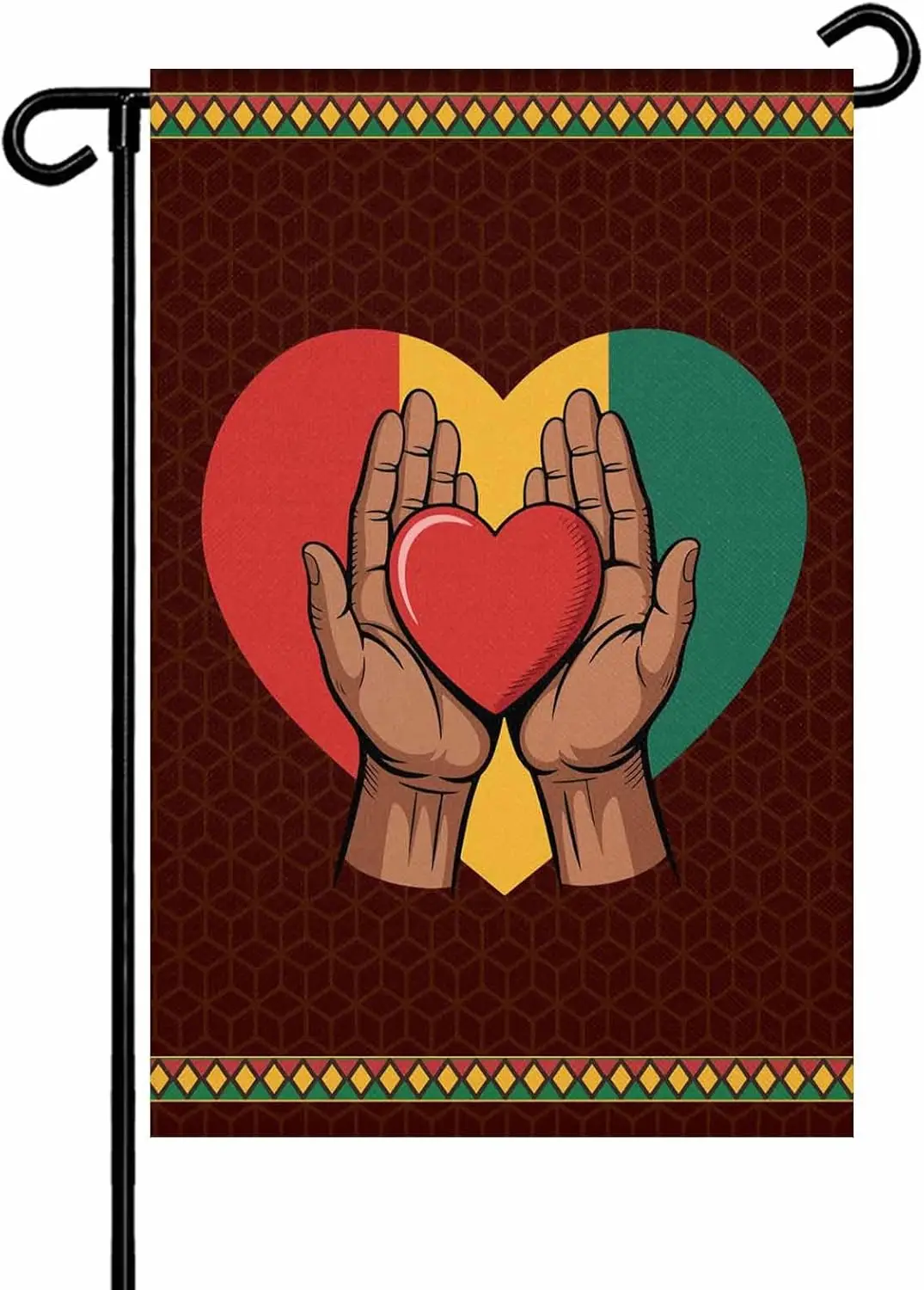 Black History Month Garden Flag for Outside, Vintage Red Yellow Green Love Heart in Hands Brown 12x18 Inch Double Sided, Wea ZZM
