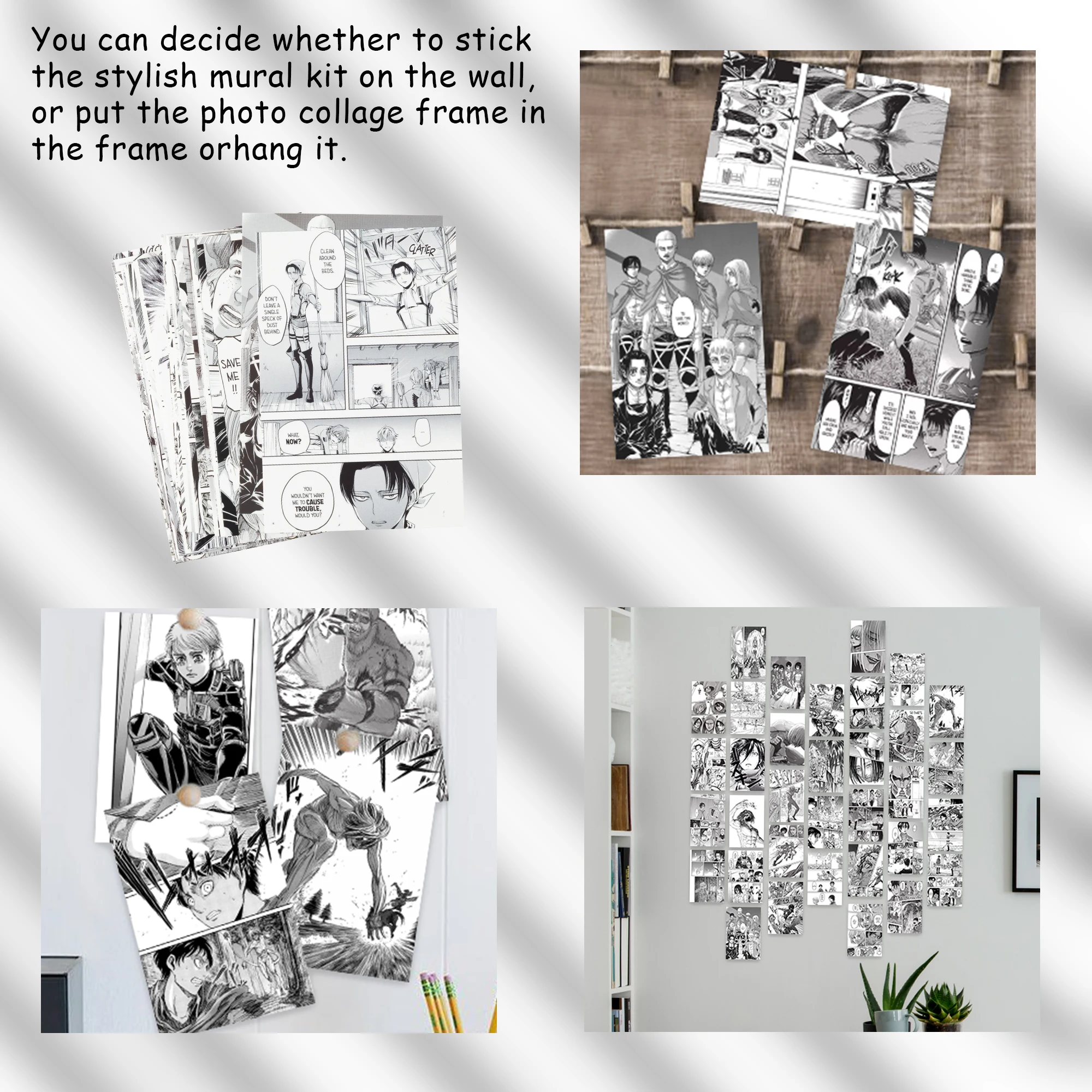 50Pcs Black White Comic Collage Card Set Animation Cardstock Wall Collage Posters Home Decor for Bedroom Dormitory Apartment