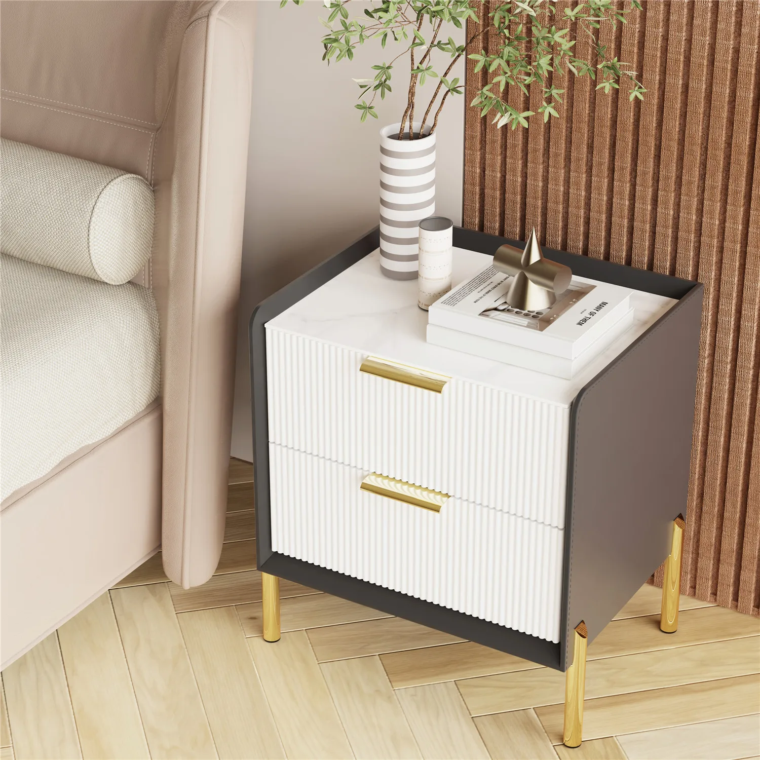 Modern End Table with Drawer, 2 Tier Side Table with Shelf, Round Nightstand with Sintered Stone Tabletop and Chrome Legs