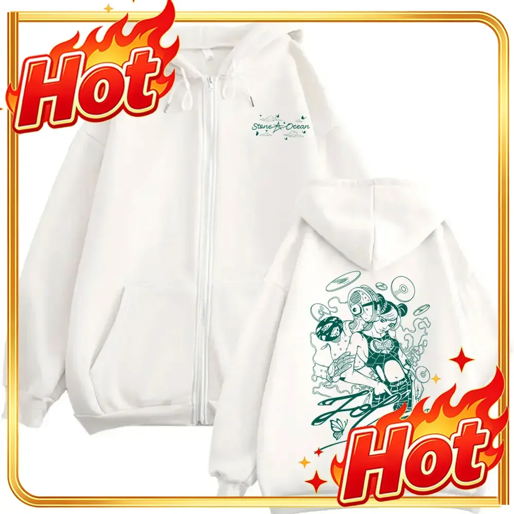 Anime JoJo's Bizarre Adventure Stone Ocean Kujo Jolyne Graphic Zipper Hoodie Men Women Casual Vintage Oversized Zip Up Jacket