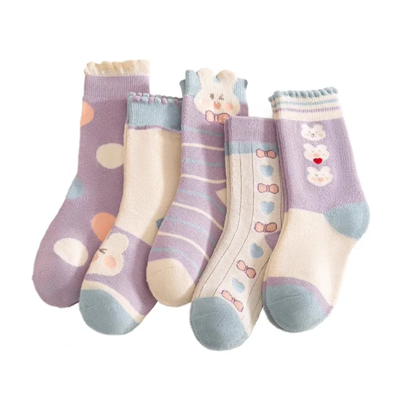 5 Pairs Girls' Thick Socks,Cute Cartoon Bunny Children's Socks, Winter Warmth,  Purple Mid Tube Socks, Autumn/Winter image 5