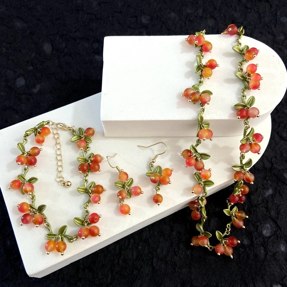 

Разноцветные Mori романтические и сладкие серьги с камнями в виде листьев, браслет, комплект ожерелья, женская мода, модные элегантные аксессуары