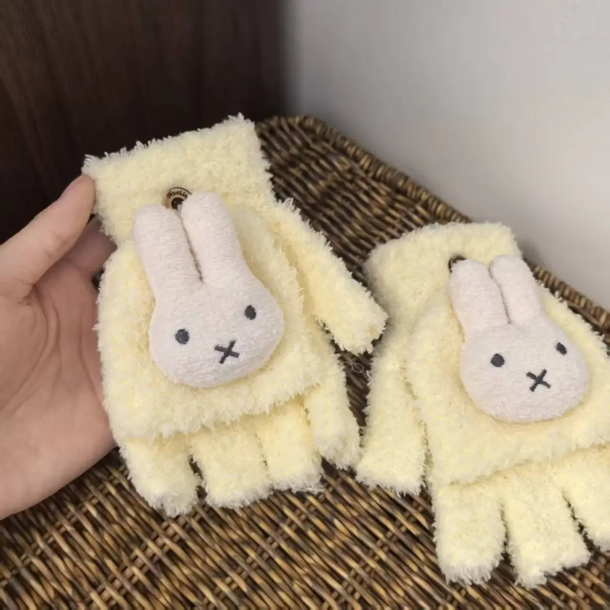 Kawaii Miffy White Flip‑cover Gloves Thick Warm Half‑finger Handwear Cold‑proof for Winter Writing Student Daily Outdoor Use