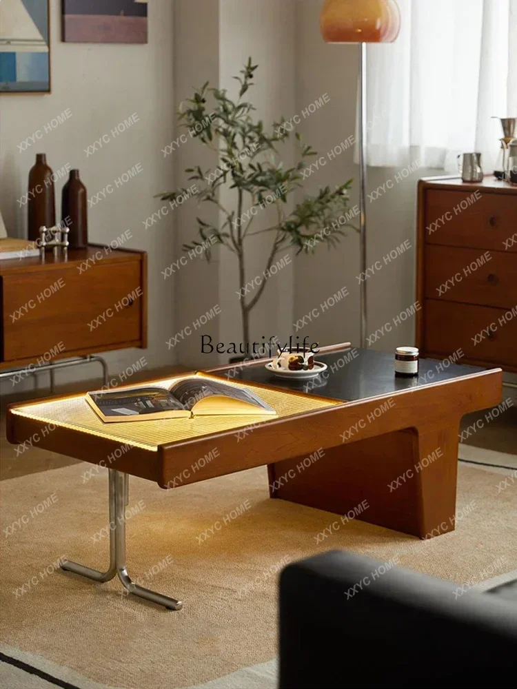 

A Medieval style coffee table household small apartment original solid wood Japanese rock slab Changhong glass tea table