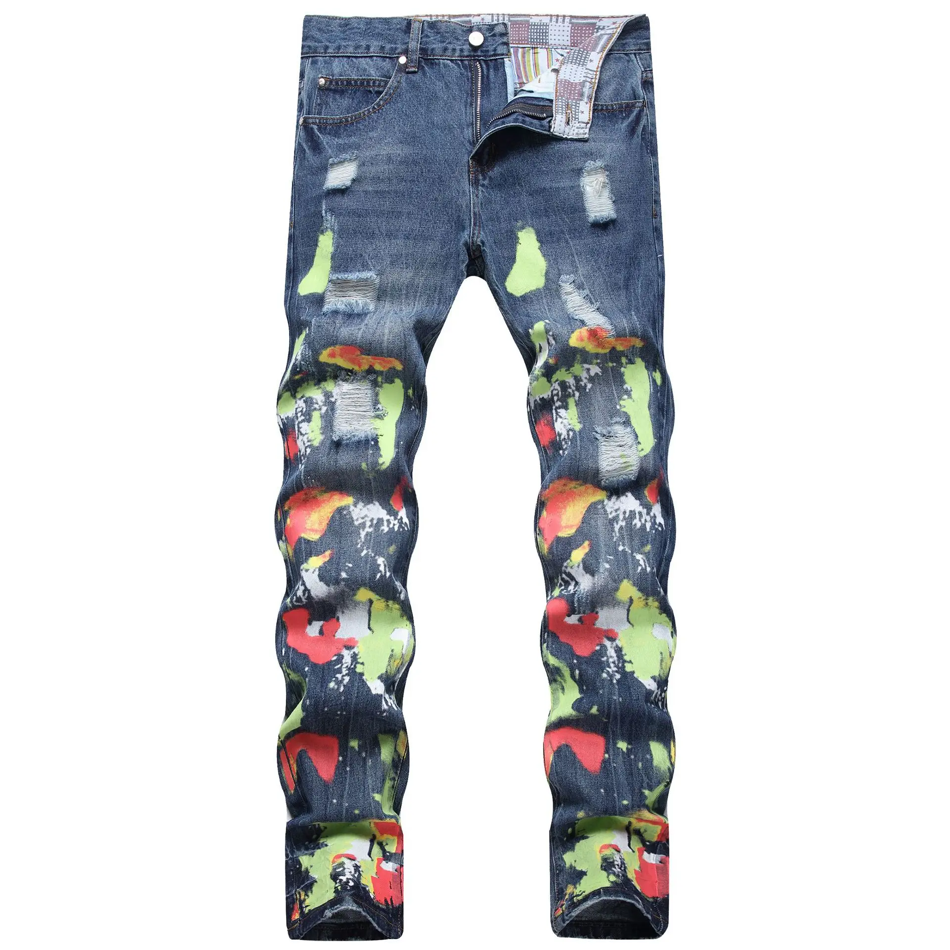 Jeans de style hip-hop de conception italienne pour hommes, pantalons en coton fortement usés et déFlex, petits pantalons à jambe droite, College multicolores numériques