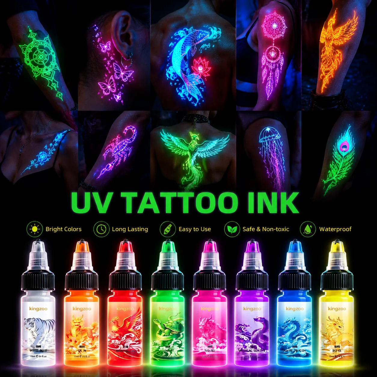 

Kingzoo UV Tattoo Ink Fluorescent Neon Pigment 15ml Glow Color for Airbrush Body Art Tattoo