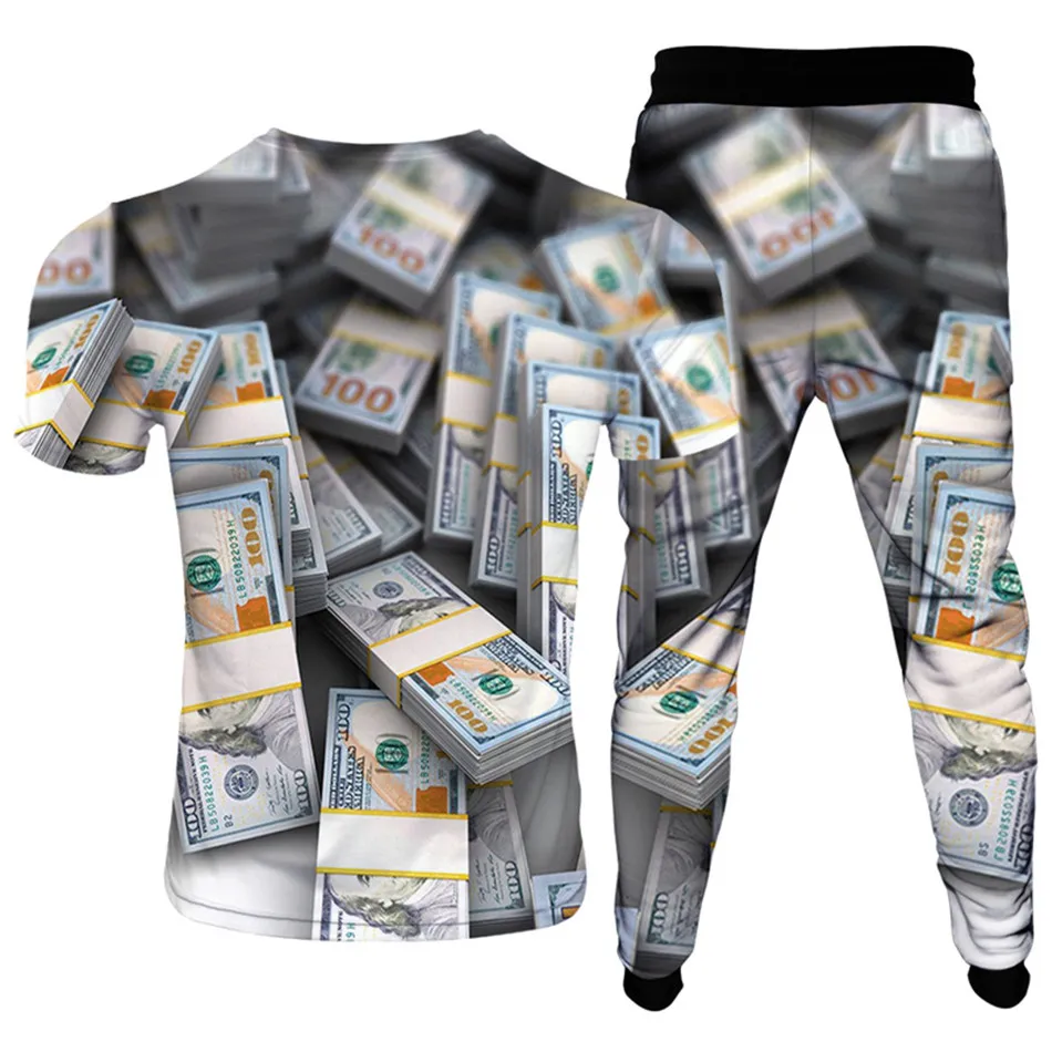 Men Women Fashion Tracksuit US 1 Dollar 100 Money Print Cool T-Shirt+Trousers 2pcs Sets Clothes Male Female Plus Size S-6XL Suit