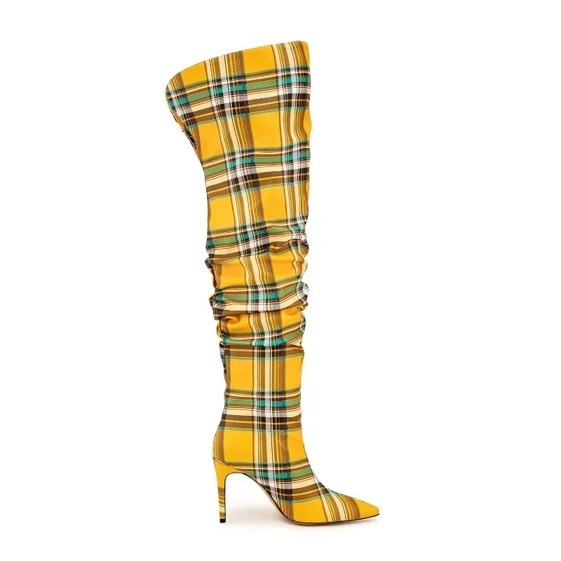 2024 New Stiletto High Heels with Large Grid Pattern Sleeve Over Knee Natural Crepe Boots PU Pointed Women's Thigh High Boots