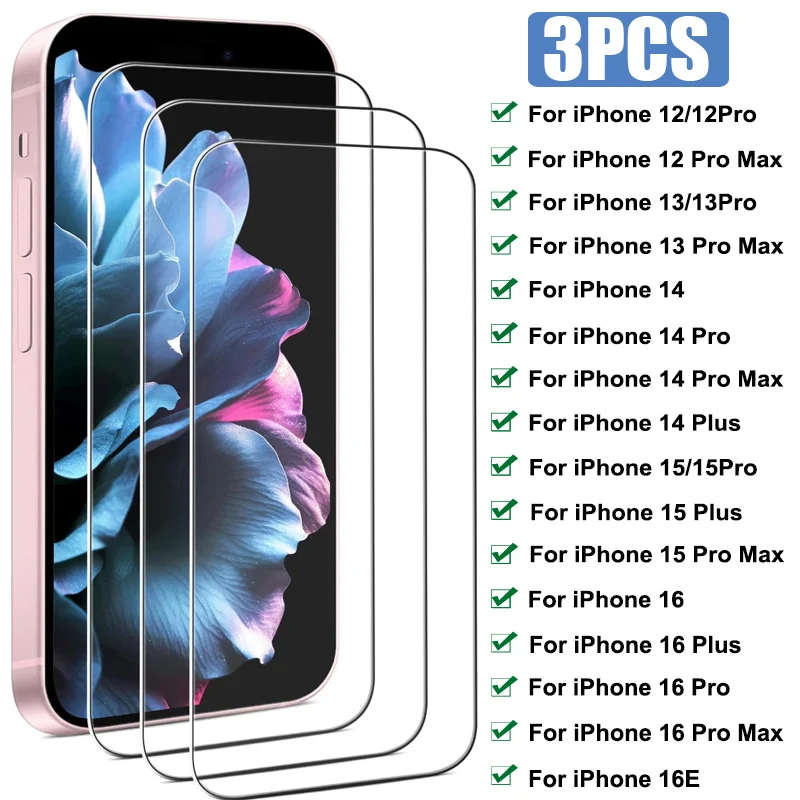 3PCS Full Tempered Glass For iPhone 16 15 14 13 12 Pro Max 15 Plus Screen Protector on for iPhone 13 12 Mini 16E Glass Film