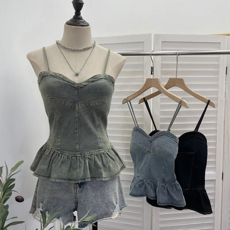 Retro Washed Denim Sling Vest with Chest Pad Back Wrap Sleeveless Top