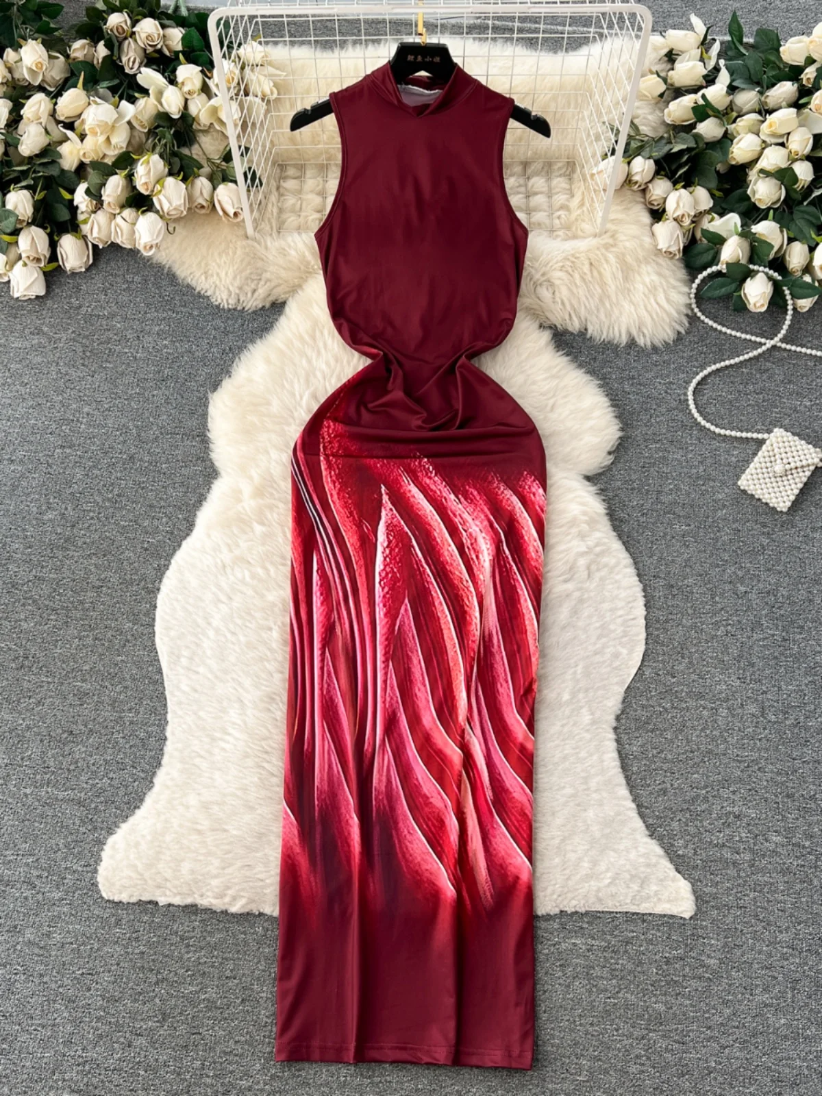

Pure Desire Spicy Girl High Collar Sleeveless Printed Dress Women Slimming Bodycon Korean Style Long Vest Skirt A-Line Midi D...