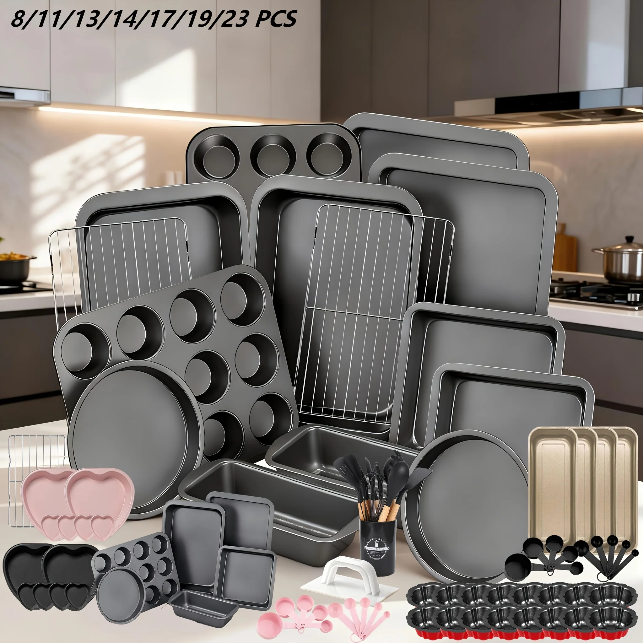 

The LOLLICY 8-23pcs Non-Stick Bakeware Set Features Cooling Racks, Black Heart-Shaped Molds, Golden Loaf Pans, And Mini Pumpkin Cake Molds, Made from Heavy-Duty Carbon Steel