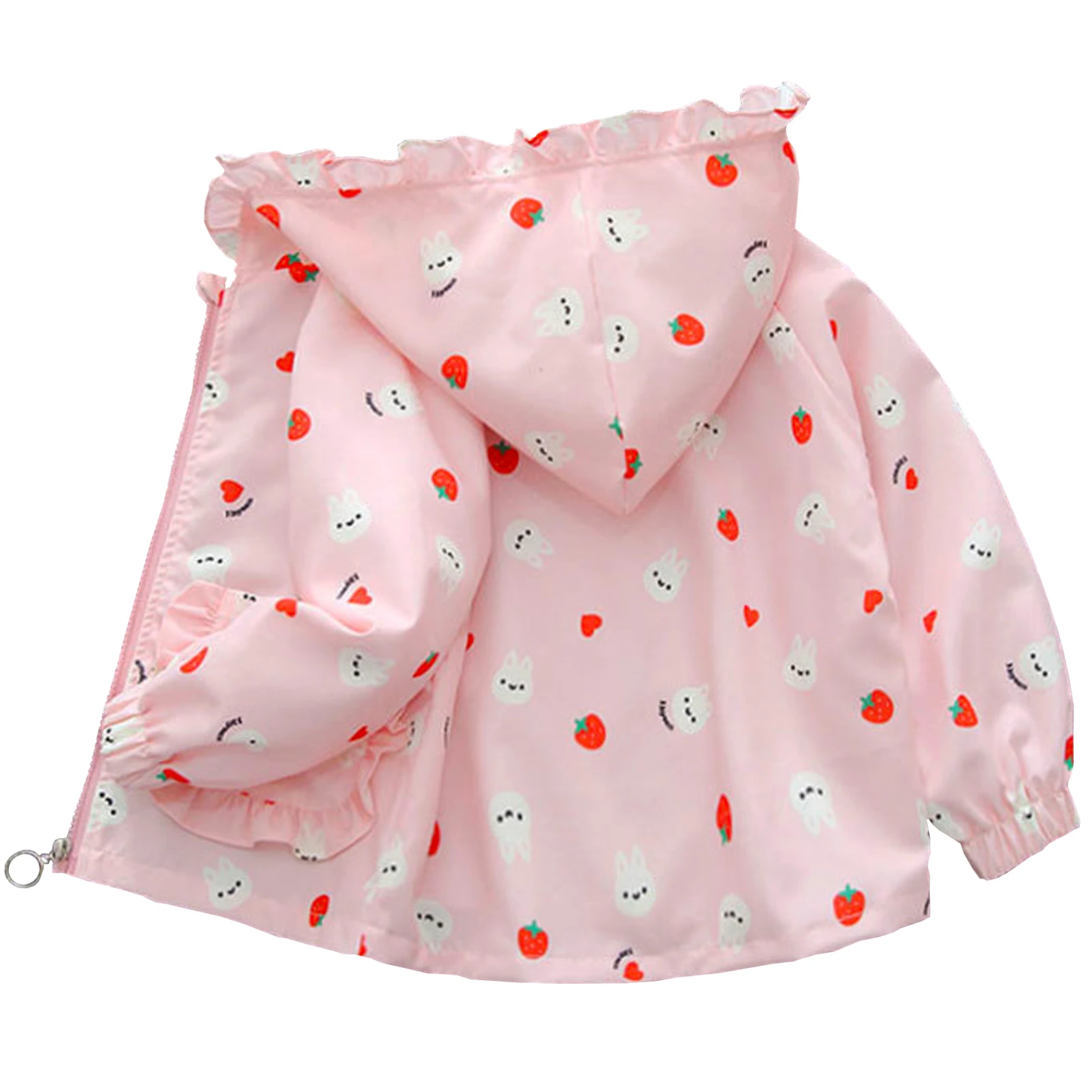 Strawberry Print Girls Windbreaker,Kids Casual Lace Hoodie Jacket,Babies Girls Sweet Spring Trench Coat,Soft Children Outerwear