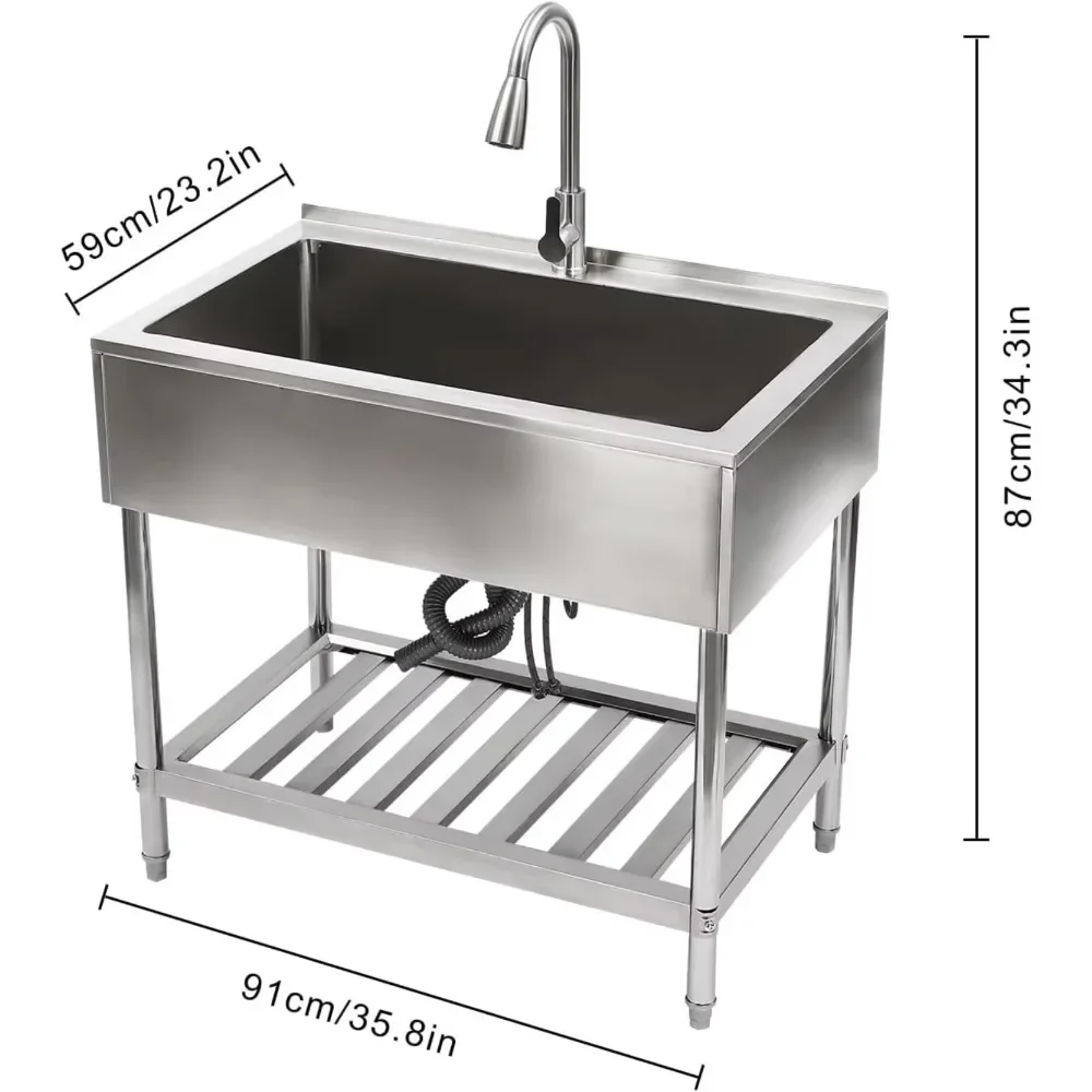 

Adjustable Feet & Storage Shelf,Freestanding Single Bowl Laundry Sink with Hot and Cold Pull-Out Faucet, for Kitchen Restaurant