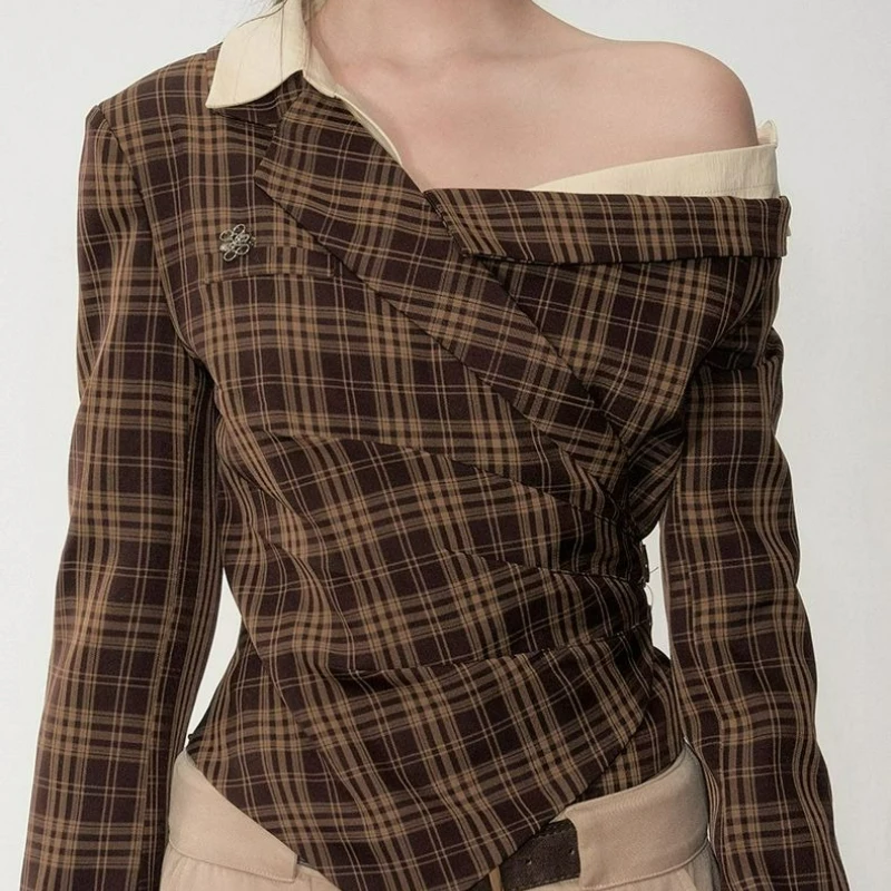 

American Checkered Off-the-shoulder Fake Two-piece Long-sleeved Shirt for Women Spring Autumn New Style Cinched Waist Short Top